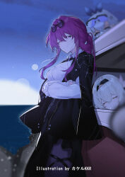 3girls alternate_costume artist_name black_jacket black_pantyhose black_skirt blurry blurry_background breasts car closed_mouth commentary_request crossed_arms eyewear_on_head firefly_(honkai:_star_rail) glasses highres honkai:_star_rail honkai_(series) jacket kafka_(honkai:_star_rail) large_breasts long_hair long_skirt looking_at_viewer motor_vehicle multiple_girls one_eye_closed outdoors pantyhose pince-nez purple_eyes purple_hair round_eyewear shirt silver_wolf_(honkai:_star_rail) skirt smile solo_focus spider_web_print srpzk sunglasses white_shirt
