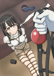 1girl 1other arms_behind_back ball_gag bdsm belt belt_skirt black_hair blush bondage bound bound_arms bound_legs box_tie brown_eyes brown_skirt closed_mouth couch feet_out_of_frame gag unworn_gag hanasaka_yui highres holding holding_gag imminent_gagging improvised_gag indoors legs_together long_hair long_sleeves longhaired_chihuahua looking_at_viewer on_floor one_room restless_leg_syndrome ribbed_sweater rope shibari shibari_over_clothes sitting skirt straight_hair sweater tape tape_gag turtleneck turtleneck_sweater ungagged white_sweater