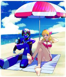 1boy 1girl absurdres alia_(mega_man) alternate_universe anklet arm_on_knee armor barefoot beach beach_umbrella blonde_hair blue_armor blue_eyes blue_sky breasts cloud cloudy_sky crossed_legs faceless hand_on_own_knee headband highres humanoid_robot jewelry large_breasts mechanical_arms mechanical_legs mega_man_(series) mega_man_x_(series) no_pupils ocean open_mouth pink_headband rikka_(user_hruv2435) robot robot_ears robot_girl sitting skirt sky smile soles swimsuit thumbs_up toes umbrella white_skirt x_(mega_man)