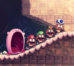artist_name blue_toad_(mario) blush blush_stickers closed_eyes closed_mouth crown fangs flying_sweatdrops goomba green_headwear hat highres inhaling kirby kirby_(series) luigi mario mario_(series) nintendo no_humans open_mouth princess_peach red_headwear running scared shade super_mario_bros._wonder suyasuyabi toad_(mario) twitter_username v-shaped_eyebrows wide-eyed