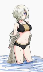 1girl beach belly blonde_hair blush breasts coat dripping highres legs love_live! love_live!_nijigasaki_high_school_idol_club medium_breasts mia_taylor navel purple_eyes short_hair soaked stomach swimsuit water wet wet_hair white_background white_hair