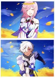 1boy 1girl arlan_(honkai:_star_rail) asta_(honkai:_star_rail) bare_shoulders black_bow black_bowtie black_hair black_shirt blue_sky blush border bow bowtie braid closed_eyes collared_shirt dark-skinned_male dark_skin detached_sleeves flower hair_ornament hair_over_one_eye head_wreath hetero highres holding holding_hands honkai:_star_rail honkai_(series) id_card jacket long_sleeves looking_at_another mojaga multicolored_hair one_side_up open_mouth outdoors petals pink_hair purple_eyes shirt short_hair short_sleeves single_braid sky sleeveless sleeveless_shirt smile standing streaked_hair sweatdrop teeth white_border white_hair white_jacket white_shirt yellow_flower