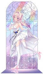 1girl alternate_costume bare_shoulders blue_eyes breasts citlali_(genshin_impact) cleavage closed_mouth double_bun dress facial_mark floating_hair forehead_mark full_body genshin_impact gloves hair_bun high_heels highres long_hair pink_hair pink_pupils pink_shoes shoes smile solo thighhighs triangle triangle_facial_mark tsubame-tsubame- wedding_dress white_dress white_gloves white_thighhighs