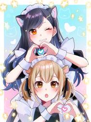 Rule 34 | 2girls, alternate costume, animal ears, apron, azusawa kohane, blue hair, blush, brown eyes, brown hair, cat ears, cat tail, commentary request, dress, enmaided, grin, hair ornament, hair ribbon, hairclip, hamster ears, hamster girl, heart, heart hands, heart in eye, highres, long hair, looking at viewer, maid, maid headdress, multiple girls, one eye closed, open mouth, orange eyes, project sekai, ribbon, shiraishi an, shiraruri, short sleeves, smile, star (symbol), symbol in eye, tail, twintails, very long hair, wrist cuffs