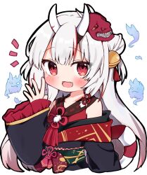 1girl bell black_kimono blush fang gradient_hair hair_bell hair_bun hair_ornament hololive horns japanese_clothes jingle_bell karma_(nakiri_ayame) kimono mask multicolored_hair nakiri_ayame nakiri_ayame_(1st_costume) oni oni_mask rabiiandrain red_eyes red_hair red_kimono shiranui_(nakiri_ayame) skin-covered_horns skin_fang sleeveless sleeveless_kimono smile solo streaked_hair virtual_youtuber waving white_hair