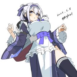 1girl absurdres apron bigkwl black_kimono black_thighhighs blue_eyes breasts dated folded_hair frilled_apron frilled_sleeves frills grey_hairband hair_between_eyes hairband highres japanese_clothes kamoi_(kancolle) kamoi_(valentine)_(kancolle) kantai_collection kimono large_breasts long_sleeves maid maid_apron official_alternate_costume rigging side_slit sidelocks solo thighhighs valentine wa_maid white_apron white_background white_hair wide_sleeves