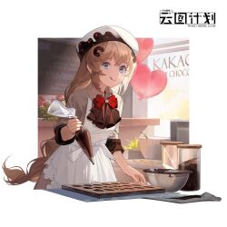 1girl :q apron ascot baking balloon beret blue_eyes border bow bowl bowtie brown_ascot brown_shirt choco_(neural_cloud) chocolate collared_shirt copyright_name cowboy_shot dlgeria fnc_(girls&#039;_frontline) girls&#039;_frontline girls&#039;_frontline_neural_cloud hair_ornament hat heart_balloon highres holding holding_pastry_bag indoors licking_lips light_brown_hair logo looking_at_viewer official_art outside_border pastry_bag red_bow red_bowtie shirt smile solo tongue tongue_out valentine watermark weibo_watermark white_apron white_border white_hat