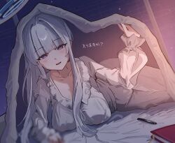 1girl bed blue_archive blush book breasts coa_(35_seno) commentary dress frilled_dress frilled_pajamas frills highres large_breasts long_dress long_hair looking_at_viewer lying noa_(blue_archive) noa_(pajamas)_(blue_archive) official_alternate_costume on_bed on_stomach open_mouth pajamas pen purple_eyes smile solo white_dress white_hair white_pajamas