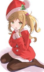 1girl absurdres aged_down blonde_hair christmas_tree_hair_ornament commentary fang file112056 green_eyes hair_bobbles hair_ornament hat hat_pin highres inuyama_akari long_sleeves no_shoes pantyhose santa_costume santa_hat side_ponytail sitting skin_fang sleeves_past_wrists solo tent thick_eyebrows wariza white_background yurucamp
