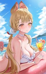 2girls absurdres alice_thymefield animal_ears bare_shoulders bead_bracelet beads bikini blonde_hair bracelet braid breasts choker cleavage collarbone cup day drinking_glass frilled_bikini frills heterochromia highres hini_ni holding holding_cup innertube jewelry large_breasts long_hair looking_at_viewer low_twintails lying multiple_girls ocean on_stomach outdoors rabbit_ears red_eyes solo_focus string_bikini swim_ring swimsuit twintails ukinami_yuzuha very_long_hair wet white_bikini white_choker yellow_eyes zenless_zone_zero