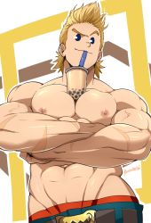 Rule 34 | 1boy, abs, bara, between pectorals, blonde hair, blue eyes, boku no hero academia, bubble tea challenge, bulge, crossed arms, highres, kuroshinki, large pectorals, male focus, male underwear, male underwear peek, muscular, navel, nipples, object on pectorals, pectorals, scar, topless male, short hair, solo, togata mirio, upper body, veins