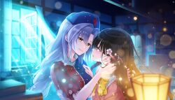 Rule 34 | 2girls, black hair, blue dress, blurry, bow, bowtie, braid, commentary, cross, depth of field, dress, english commentary, eye contact, flower, grey hair, hair flower, hair ornament, hat, highres, houraisan kaguya, indoors, long hair, looking at another, moonlight, multicolored dress, multiple girls, nurse cap, official art, pink shirt, plant, potted plant, red cross, red dress, second-party source, shirt, short sleeves, smile, taka yanagi, touhou, touhou danmaku kagura, very long hair, window, yagokoro eirin, yellow bow, yellow bowtie, yellow eyes, yuri