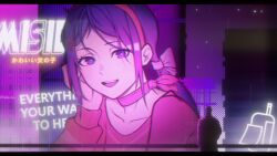 1boy 1girl blade_runner_(series) blade_runner_2049 blue_eyes blue_hair bow bow_choker choker crazy_mita_(miside) english_text hairband head_rest highres hologram long_sleeves looking_at_viewer low_twintails meme miside mita_(miside) night night_sky open_mouth red_bow red_choker red_hairband red_shirt scene_reference shirt sky smile teeth translation_request twintails upper_teeth_only you_look_lonely_(meme) yunbai_0914