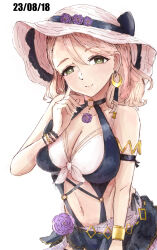 Rule 34 | 1girl, armlet, bracelet, breasts, cleavage, dated, earrings, flower, hand up, hat, hat flower, highres, idolmaster, idolmaster cinderella girls, jewelry, koitusmile, looking at viewer, medium breasts, navel, smile, solo, standing, sun hat, white background, yanagi kiyora