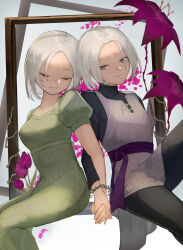 Rule 34 | 1boy, 1girl, absurdres, banno watari, black bodysuit, blue eyes, bodysuit, bracelet, brother and sister, closed eyes, commentary request, dragon quest, dragon quest x, dress, flower, green dress, highres, holding hands, illusia (dq10), jewelry, leg up, medium hair, mirror twins, nalasia, parted hair, picture frame, pink flower, plant, puffy short sleeves, puffy sleeves, purple sash, sash, short sleeves, siblings, sitting, smile, thorns, tunic, twins, vines, white background, white hair, white tunic