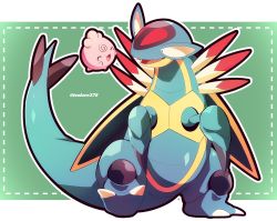 :d armaldo claws closed_eyes commentary_request creatures_(company) fang framed game_freak gen_2_pokemon gen_3_pokemon green_background highres igglybuff jacknaiff looking_at_another nintendo no_humans one-hour_drawing_challenge open_mouth outline pokemon pokemon_(creature) pokemon_mystery_dungeon pokemon_mystery_dungeon:_explorers_of_time/darkness/sky smile tongue |d