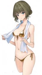 1girl bare_shoulders bikini blue_eyes blush breasts collarbone feet_out_of_frame front-tie_bikini_top front-tie_top gold_bikini green_eyes green_hair groin hair_bun heterochromia highres idolmaster idolmaster_cinderella_girls looking_at_viewer medium_breasts mole mole_under_eye navel nyome991 short_hair side-tie_bikini_bottom single_hair_bun solo swimsuit takagaki_kaede thighs towel towel_around_neck