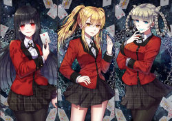3girls arm_under_breasts black_hair black_legwear black_ribbon blazer blonde_hair blue_lips blue_nails blunt_bangs blush bolo_tie braid braided_hair_rings breasts card closed_mouth cowboy_shot dice finger_to_mouth green_hair hair_ribbon hair_rings heart hime_cut holding holding_card jabami_yumeko jacket kakegurui legs_apart lips long_hair long_sleeves looking_at_viewer medium_breasts miniskirt momobami_kirari multiple_girls nail_polish pantyhose parted_lips plaid_clothes plaid_skirt playing_card pleated_skirt print_skirt red_eyes red_jacket ribbon saotome_mary serious sidelocks skirt smile sparkle standing thighs tora_(tora_factory) tossing twintails unmoving_pattern very_long_hair wing_collar yellow_eyes