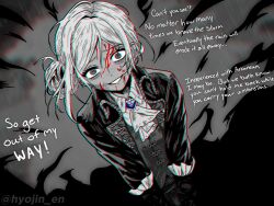 1girl ascot blood blood_on_face chromatic_aberration coat collared_shirt dutch_angle english_text freckles from_above furrowed_brow grey_background greyscale grin hair_bun highres hyojin_en looking_at_viewer monochrome reverse:1999 shirt short_hair single_side_bun smile solo spot_color twitter_username upper_body vertin_(reverse:1999) vest waistcoat