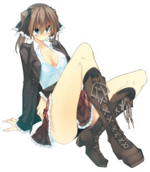 10mo 1girl aqua_eyes black_socks boots bow breasts brown_hair cleavage female_focus frown full_body hair_bow highres jacket lace-up_boots medium_breasts plaid_clothes plaid_skirt school_uniform seitokai_no_ichizon shiina_minatsu simple_background skirt socks solo twintails white_background