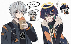 ... 1boy 1girl artist_name belle_(zenless_zone_zero) black_jacket black_shirt blue_hair blue_jacket bread brother_and_sister crossed_bangs eating felichiii food frown grey_hair highres hood hooded_jacket jacket looking_at_viewer open_mouth saliva shirt siblings simple_background white_background wise_(zenless_zone_zero) zenless_zone_zero