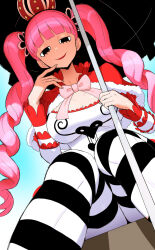 1girl black_eyes black_thighhighs breasts capelet crown fur-trimmed_capelet fur_trim highres large_breasts one_piece perona pink_hair red_capelet red_lips revenantart shirt sitting solo striped_clothes striped_thighhighs thighhighs twintails umbrella white_shirt white_thighhighs