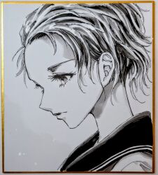 Rule 34 | 1girl, closed mouth, commentary request, expressionless, eyelashes, greyscale, hair behind ear, looking down, makomako1061, monochrome, original, pen (medium), photo (medium), profile, sailor collar, shikishi, short hair, solo, traditional media