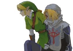 1boy 1girl belt blonde_hair blue_eyes earrings gloves highres jewelry link nintendo pointy_ears red_eyes reverse_trap sheik simple_background skkc_128 the_legend_of_zelda the_legend_of_zelda:_ocarina_of_time tunic white_background
