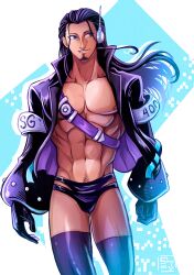 Rule 34 | 1boy, abs, absurdres, aquiline nose, bare pectorals, black hair, bulge, cowboy shot, facial hair, genderswap, genderswap (ftm), goatee, headphones, highres, long hair, male focus, navel, nico robin, nico robin (egghead), nipples, nose, one piece, pectorals, purple thighhighs, shuravf, simple background, smile, solo, standing, stomach, thighhighs, thighs, toned, toned male, v-taper, walking