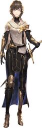 Rule 34 | 1girl, absurdres, arm guards, asymmetrical legwear, black gloves, black pants, blue eyes, brown hair, cloak, elbow gloves, female voyager, game cg, gloves, hand on hilt, high collar, highres, knee guards, medium hair, non-web source, official art, pants, pelvic curtain, solo, straight-on, swept bangs, sword, sword of convallaria, transparent background, weapon, white cloak