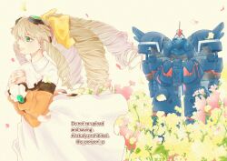 1girl ascot blonde_hair bow commentary_request dress drill_hair field flower flower_field goggles goggles_on_head green_eyes hair_bow hands_on_own_chest highres long_hair looking_ahead maria_balthasar mecha own_hands_together pink_flower q_poripori_p robot seibzehn smile white_ascot white_background white_dress xenogears yellow_bow yellow_flower