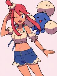1girl ;d blue_eyes blue_shorts crop_top gen_2_pokemon jumpluff looking_at_viewer midriff navel nintendo official_alternate_costume one_eye_closed open_mouth pokemon pokemon_(creature) pokemon_masters_ex red_hair salute short_hair_with_long_locks shorts sidelocks skyla_(pokemon) skyla_(summer_2025)_(pokemon) smile teeth tyako_089 upper_teeth_only