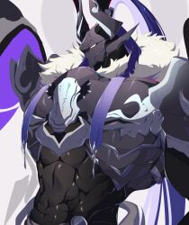 1boy armor commentary english_commentary facing_to_the_side fate/grand_order fate_(series) full_armor fur_collar helmet highres lury.sgh male_focus minamoto_no_tametomo_(second_ascension)_(fate) simple_background upper_body