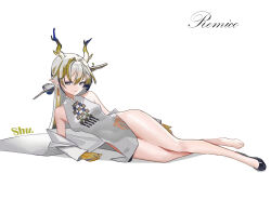 1girl adapted_costume arknights artist_name bare_legs black_shoes blonde_hair blue_hair character_name china_dress chinese_clothes chinese_commentary closed_mouth commentary_request dragon_girl dragon_horns dress full_body grey_dress grey_hair hair_between_eyes horns long_hair long_sleeves lying multicolored_hair no_socks off_shoulder on_side pointy_ears remico shoes shu_(arknights) side_slit simple_background single_bare_foot single_shoe sleeveless sleeveless_dress smile solo white_background