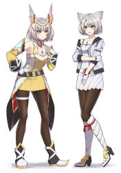 Rule 34 | 2girls, animal ears, breasts, brown pantyhose, camisole, cat ears, chest jewel, commentary request, full body, grey hair, high heels, highres, jacket, mio (xenoblade), mother and daughter, multiple girls, nia (xenoblade), official alternate costume, pantyhose, shinae, short hair, simple background, skirt, small breasts, tank top, white camisole, white jacket, white skirt, white tank top, xenoblade chronicles (series), xenoblade chronicles 3, yellow eyes