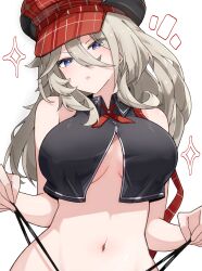 1girl alisa_ilinichina_amiella bare_arms black_shirt blue_eyes breasts collared_shirt commentary_request god_eater god_eater_burst grey_hair hair_between_eyes hat highres hururu_(vldptmxk1054) korean_commentary large_breasts long_hair looking_at_viewer midriff navel newsboy_cap parted_lips shirt simple_background sleeveless sleeveless_shirt solo upper_body white_background