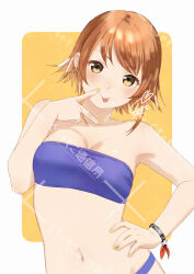 Rule 34 | 1girl, alternate costume, armpits, bandeau, bikini, blue bandeau, blue bikini, blush, border, bracelet, breasts, brown hair, circle name, cleavage, collarbone, commentary request, hand on own hip, jewelry, kantai collection, looking at viewer, medium breasts, mixed-language text, nail polish, navel, orange hair, outside border, richard p. leary (kancolle), rounded corners, sakiecho, short hair, sidelocks, smile, solo, standing, stomach, swept bangs, swimsuit, tongue, tongue out, upper body, v, watermark, white border, yellow background, yellow nails