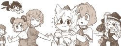 6+girls alice_margatroid animal_ears arm_up back-to-back bow bseibutsu casual character_request cigarette commentary_request cookie_(touhou) detached_sleeves flying greyscale hair_bow hair_tubes hakurei_reimu hat highres hood hoodie inubashiri_momiji kawashiro_nitori kazami_yuuka kirisame_marisa kofji_(cookie) maru_(cookie) monochrome mouse_ears multiple_girls nazrin one_eye_closed paw_pose puffy_short_sleeves puffy_sleeves redqueen_(cookie) ribbon-trimmed_sleeves ribbon_trim shameimaru_aya short_sleeves skirt smoking sugar_(cookie) touhou web_(cookie) wings witch_hat wolf_ears
