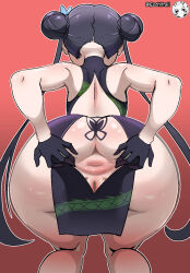 1girl anus ass black_hair blue_archive double_bun ecchitrail female_focus gloves grabbing_own_ass gradient_background hair_bun huge_ass kisaki_(blue_archive) loli long_hair looking_back pussy smile solo solo_focus spread_anus