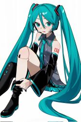 1girl adjusting_footwear aqua_hair aqua_necktie arm_tattoo artist_name black_boots black_sleeves blush boots commentary_request corrupted_twitter_file detached_sleeves grey_shirt hatsune_miku headphones headset highres joints knees_up long_hair looking_at_viewer myuga66666 necktie pleated_skirt robot_joints shirt sitting skirt sleeveless sleeveless_shirt solo sweatdrop tattoo thigh_boots twintails very_long_hair vocaloid wing_collar