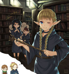 :d ;) absurdres bad_id bad_pixiv_id belt black_eyes black_hair blonde_hair blue_eyes book bookshelf braid brown_hair chilchuck_tims closed_eyes dungeon_meshi elf freckles hair_ornament highres hood hood_down long_hair marcille_donato marushiru michitarou one_eye_closed open_mouth pointy_ears smile speech_bubble thought_bubble tirchac_(dungeon_meshi) twin_braids