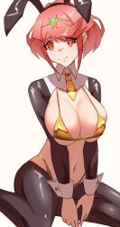 1girl animal_ears bikini black_shrug blush bob_cut breasts cleavage collarbone collared_shrug crotchless earrings fake_animal_ears frontless_outfit gold_bikini golden_week headpiece highleg highleg_bikini highres jewelry large_breasts latex latex_legwear looking_at_viewer meme_attire navel pyra_(xenoblade) rabbit_ears red_eyes red_hair revealing_clothes reverse_bunnysuit reverse_outfit satin_bikini shiny_swimsuit short_hair shrug_(clothing) simple_background smile solo stomach string_bikini swept_bangs swimsuit thighs tiara ura_dora white_background wrist_cuffs xenoblade_chronicles_(series) xenoblade_chronicles_2