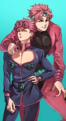 Rule 34 | 2boys, absurdres, aqua background, aqua belt, aqua eyes, aqua headband, aqua lips, aqua theme, arm on another&#039;s shoulder, black leotard, black nails, blue jacket, blue pants, braid, curtained hair, dio brando, earrings, father and son, fingernails, giorno giovanna, highres, jacket, jewelry, jojo no kimyou na bouken, ladybug ornament, leotard, long fingernails, long hair, looking at another, male focus, multiple boys, pants, pink hair, pink jacket, pink theme, red eyes, short hair, togusa jj, vento aureo, victory rolls