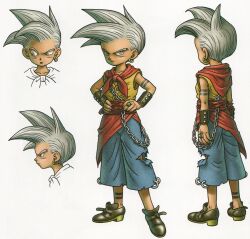 1boy absurdres arm_guards arm_tattoo blue_pants brown_shoes capri_pants chain dragon_quest dragon_quest_monsters dragon_quest_monsters_joker earrings full_body gem gold_earrings green_gemstone grey_eyes hands_on_own_hips hero_(dqmj) highres hoop_earrings jewelry leg_tattoo male_focus multiple_views neckerchief official_art open_mouth pants red_neckerchief red_sash reference_sheet ring sash scan scan_artifacts shoes short_hair single_earring solo spiked_hair tattoo third-party_source toriyama_akira torn_clothes torn_pants vest white_background white_hair yellow_vest