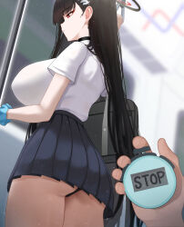 Rule 34 | 1boy, 1girl, absurdres, ass, bag, black bag, black choker, black hair, black halo, black panties, blue archive, blurry, blurry background, breasts, choker, commentary request, halo, highres, holding stopwatch, huge breasts, korean commentary, long hair, mizikayo, panties, pleated skirt, pov, pov hands, red eyes, rio (blue archive), scrunchie, shirt, shoulder bag, skirt, stopwatch, thighs, time stop, train interior, underwear, very long hair, watch, white shirt, wrist scrunchie
