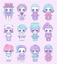1girl 6+boys bad_id bad_pixiv_id blackmore blue_hair chibi diego_brando disco_(sbr) doctor_ferdinand dr._ferdinand funny_valentine gyro_zeppeli johnny_joestar jojo_no_kimyou_na_bouken magenta_magenta mike_o mike_o. multiple_boys polka_dot polka_dot_background red_hair ringo_roadagain scarlet_valentine steel_ball_run twinklecandy wekapipo