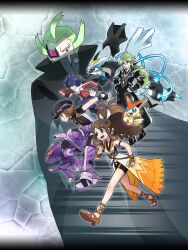 1girl 4boys ariga_hitoshi black_cloak black_gloves black_hat black_kyurem black_shirt blue_eyes blue_hair brown_eyes brown_hair cloak colored_sclera creatures_(company) dragon game_freak gen_5_pokemon genesect ghetsis_(pokemon) gloves green_hair hat high_collar highres hilbert_(pokemon) hilbert_(sygna_suit)_(pokemon) hilda_(pokemon) hilda_(sygna_suit)_(pokemon) hugh_(pokemon) kyurem legendary_pokemon long_hair multiple_boys mythical_pokemon n_(pokemon) n_(sygna_suit)_(pokemon) nintendo official_art one_eye_covered pants pokemon pokemon_(creature) pokemon_bw2 pokemon_masters_ex ponytail purple_pants red_eyes red_shirt sandals shirt short_hair v victini white_eyes yellow_sclera