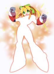 Rule 34 | absurdres, armor, armored boots, armored gloves, arms up, blonde hair, blurry, blurry background, boots, breasts, glowing, green eyes, green ribbon, hair ribbon, henshin, henshin pose, highres, hyper roll (marvel vs. capcom), joints, kaidou zx, knee boots, large breasts, long hair, looking at viewer, marvel vs. capcom, mechanical arms, mechanical boots, mechanical legs, mega man (classic), mega man (series), ponytail, red armor, ribbon, robot, robot girl, robot joints, roll (mega man), shoulder armor, sidelocks, simple background, smile, sparks, transformation, white background