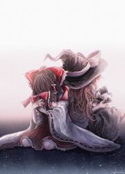 Rule 34 | 2girls, absurdres, annin cha, back-to-back, backlighting, black skirt, blonde hair, bow, brown hair, detached sleeves, frilled bow, frilled hair tubes, frilled skirt, frills, hair bow, hair tubes, hakurei reimu, hat, hat bow, hat ribbon, highres, kirisame marisa, long hair, medium hair, multiple girls, puffy short sleeves, puffy sleeves, red bow, red ribbon, red skirt, ribbon, ribbon-trimmed sleeves, ribbon trim, shirt, short sleeves, simple background, skirt, touhou, white background, white bow, white ribbon, white shirt, wide sleeves, witch hat, yukkuri shiteitte ne