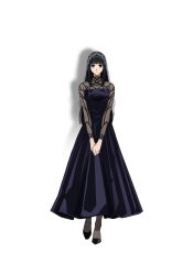 Rule 34 | 1girl, anime coloring, black dress, black eyes, black hair, breasts, closed mouth, dress, expressionless, fishnet dress, flats, full body, highres, lace, lace-trimmed veil, lace dress, lace sleeves, lace trim, large breasts, long dress, long hair, looking at viewer, moriyama you, official art, osaragi (sakamoto days), pantyhose, sakamoto days, see-through clothes, see-through sleeves, see-through veil, simple background, solo, standing, transparent background, veil
